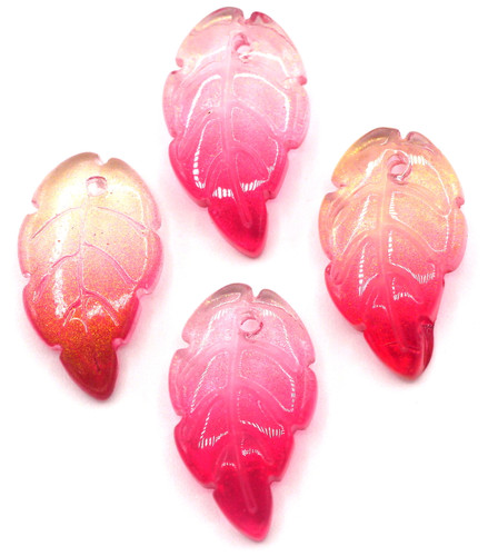 4pc 18x10mm Glass Leaf Pendant, Pink-Red Ombre/Gold Shimmer