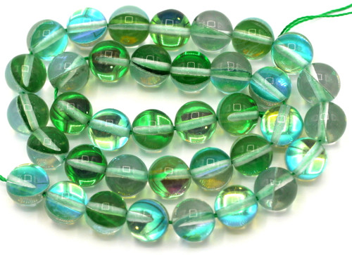 Approx. 15" Strand 10mm Manmade Moonstone Glass Beads, Green Multi