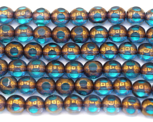 18pc 6mm Czech Table-Cut Glass Window Bead, Capri Blue/Bronze