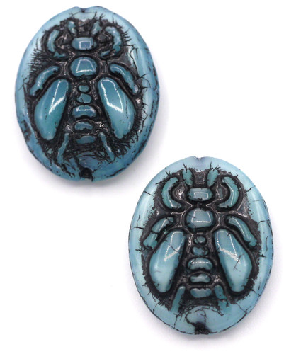 2pc 22x18mm Czech Pressed Glass Bee Beads, Blue/White/Black Wash