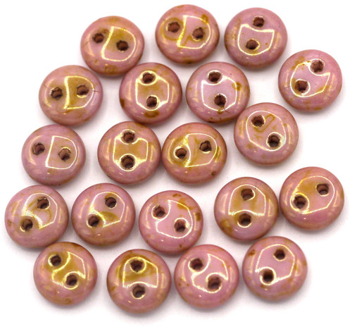 20pc 6mm Czech Pressed Glass 2-Hole Lentil Beads, Alabaster/Lila Pink Luster