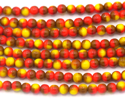 30pc 4mm Czech Pressed Glass Druk Round Beads, Red/Brown/Yellow