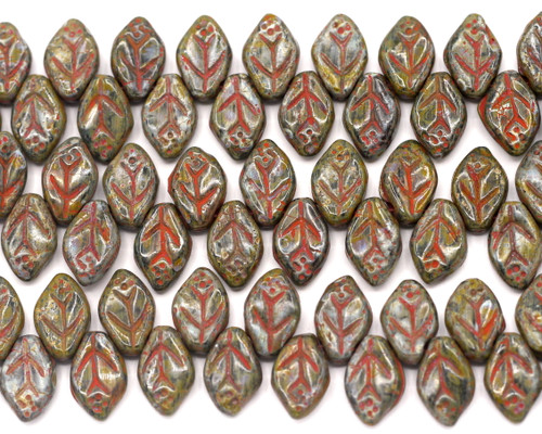 24pc Strand 12x7mm Top-Drilled Czech Pressed Glass Leaf Beads, 2x Picasso/Red Wash