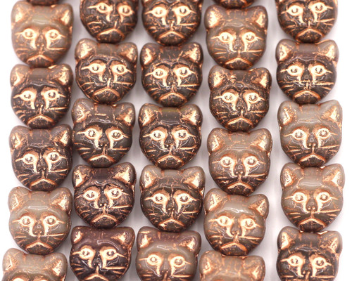 10pc 11mm Czech Pressed Glass Cat Face Beads, Mocha Mix/Copper Wash