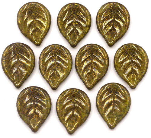 10pc 18x13mm Czech Pressed Glass Top-Drilled Leaf Beads, Olive/Picasso Bronze Luster