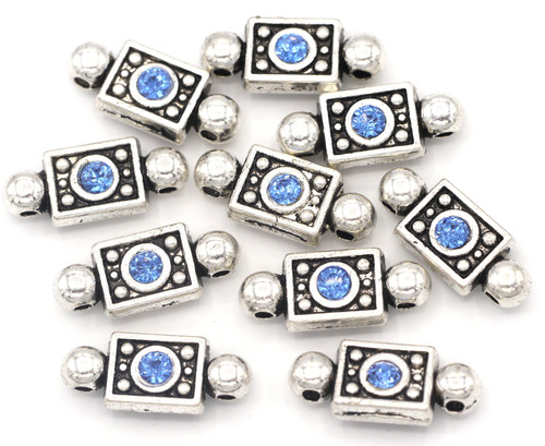 10pc 19x8mm Rhinestone 2-Hole Spacer Bar, Antique Silver/Light Sapphire