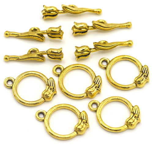 5 Sets 21x19mm Tulip Toggle Clasp, Antique Gold