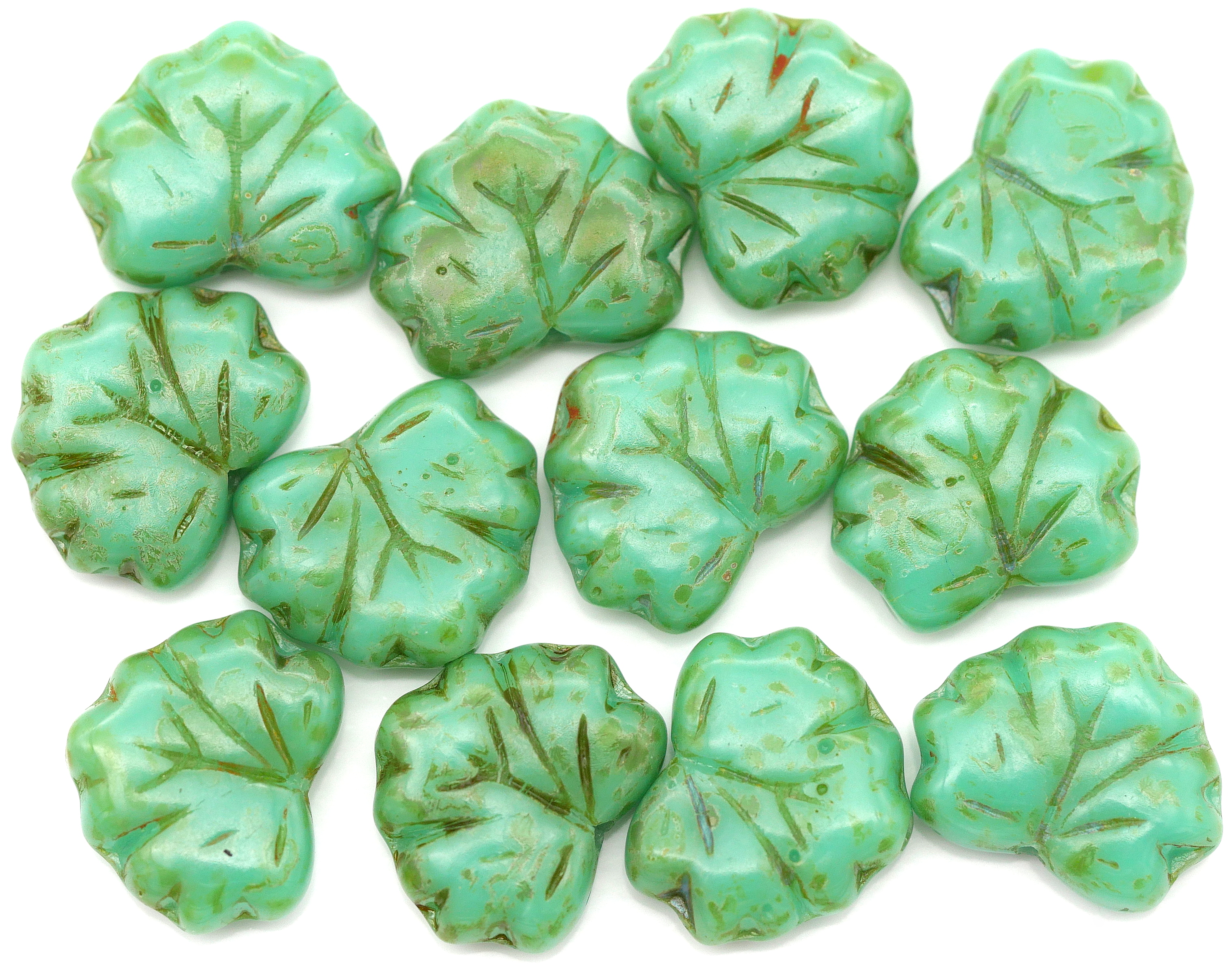 20* 13x11mm Platinum Washed Teal Maple Leaf Beads