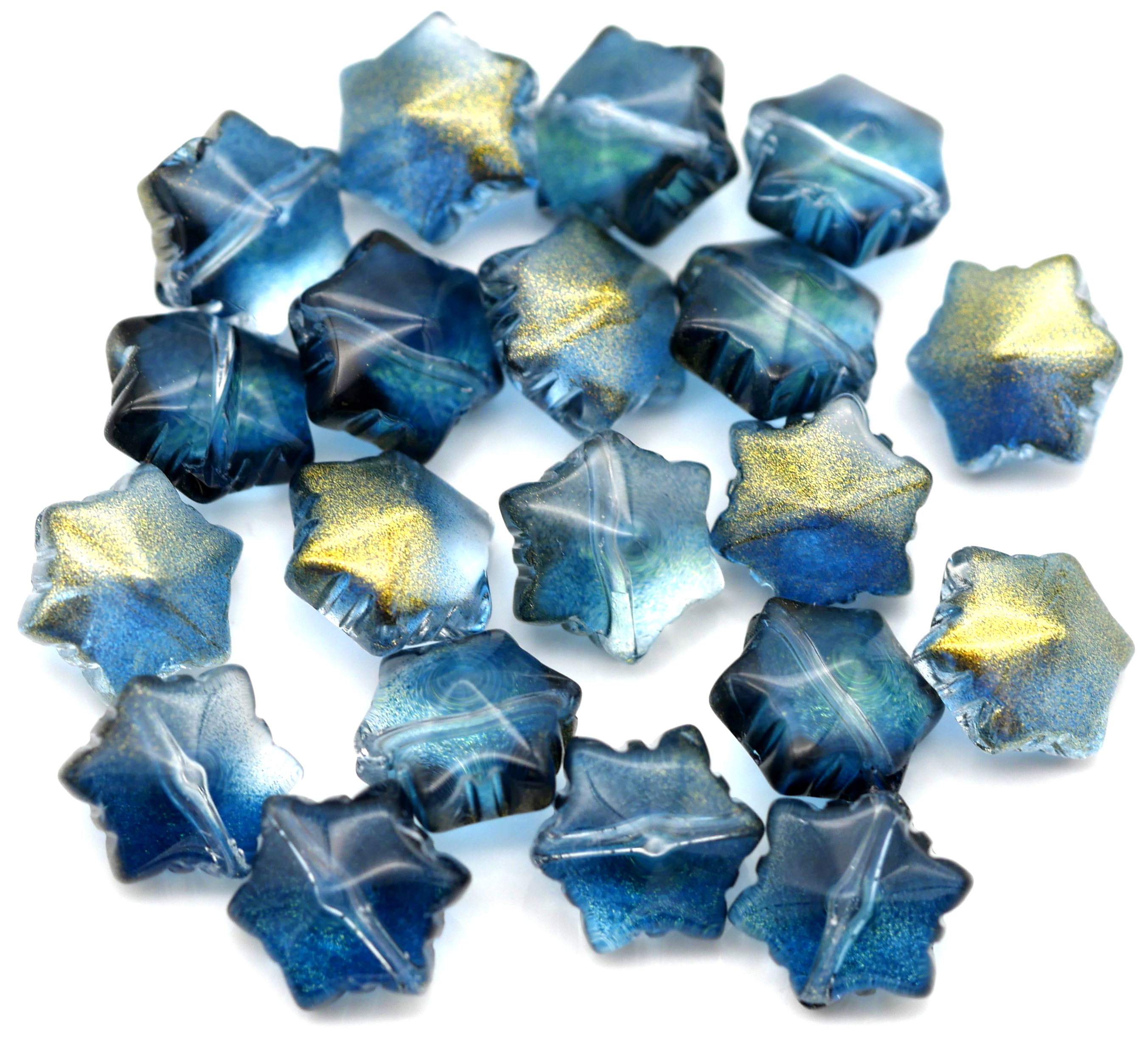 20pc 12x11mm Glass Snowflake Beads, Crystal-Deep Steel Blue w/Gold Shimmer  - Bead Box Bargains