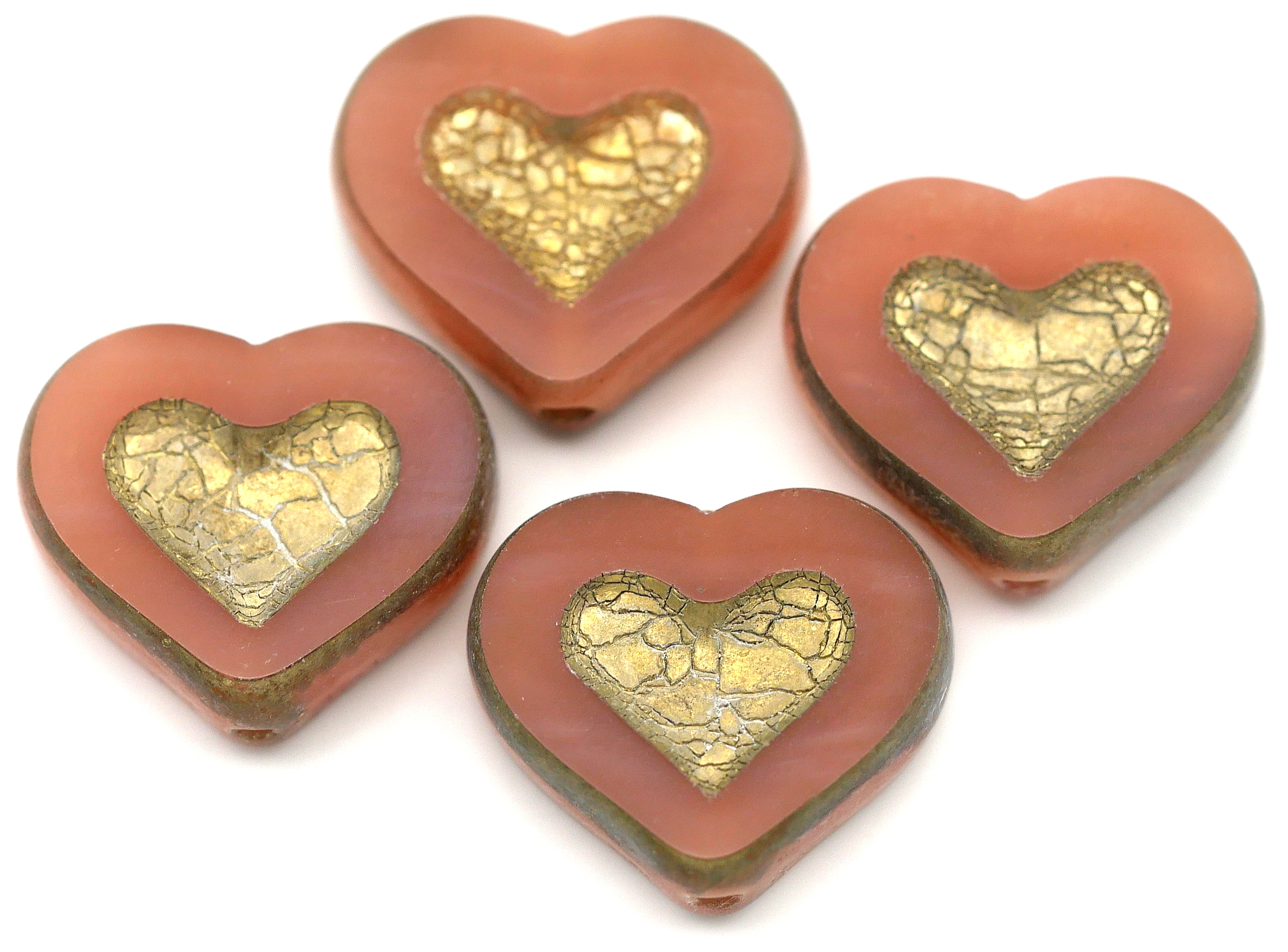 4pc 14x12mm Czech Table-Cut Heart Beads, Pink Opal w/Gold - Bead