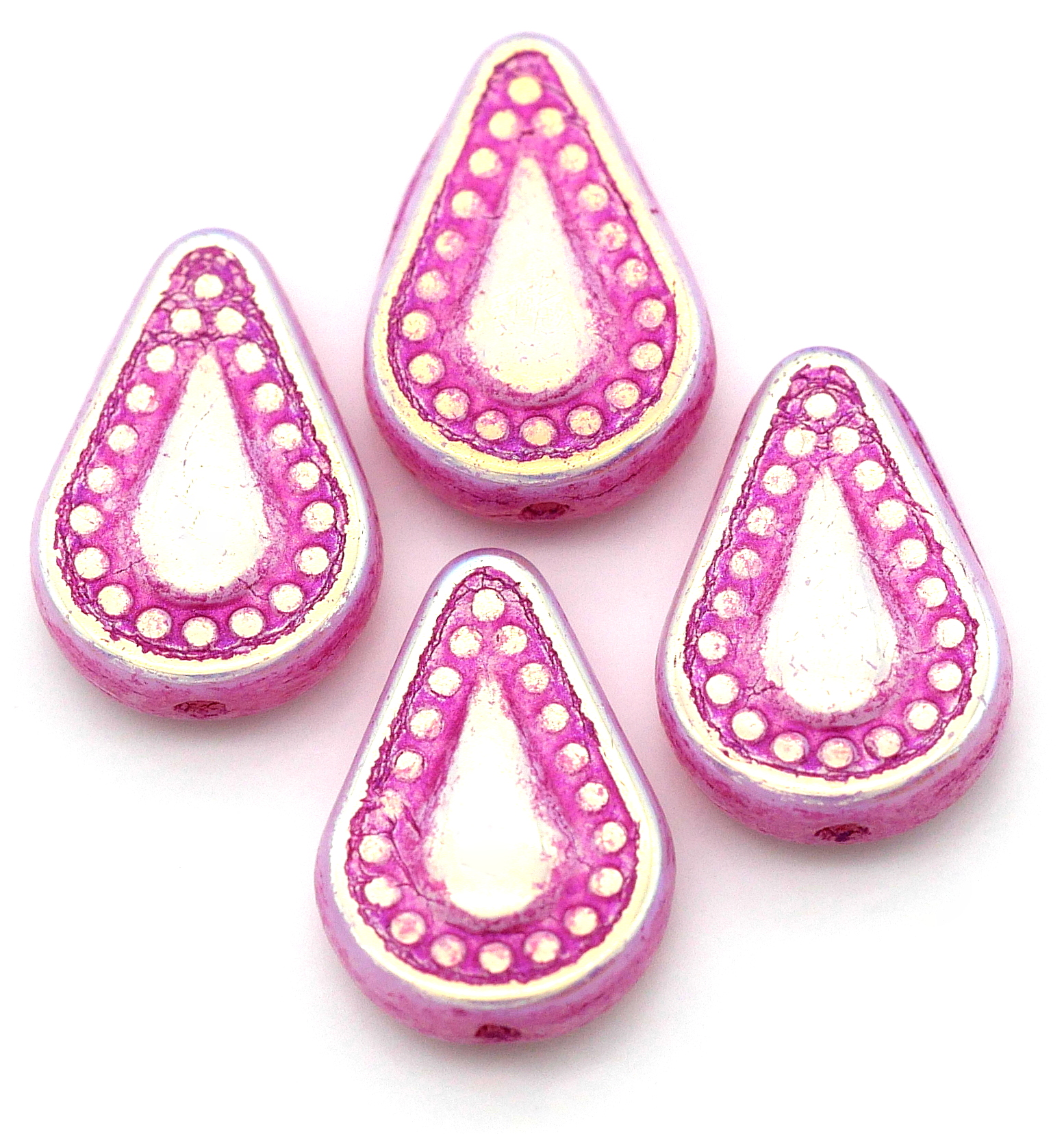4pc 14x10mm Czech Filigree Teardrop Beads, Alabaster w/Full AB