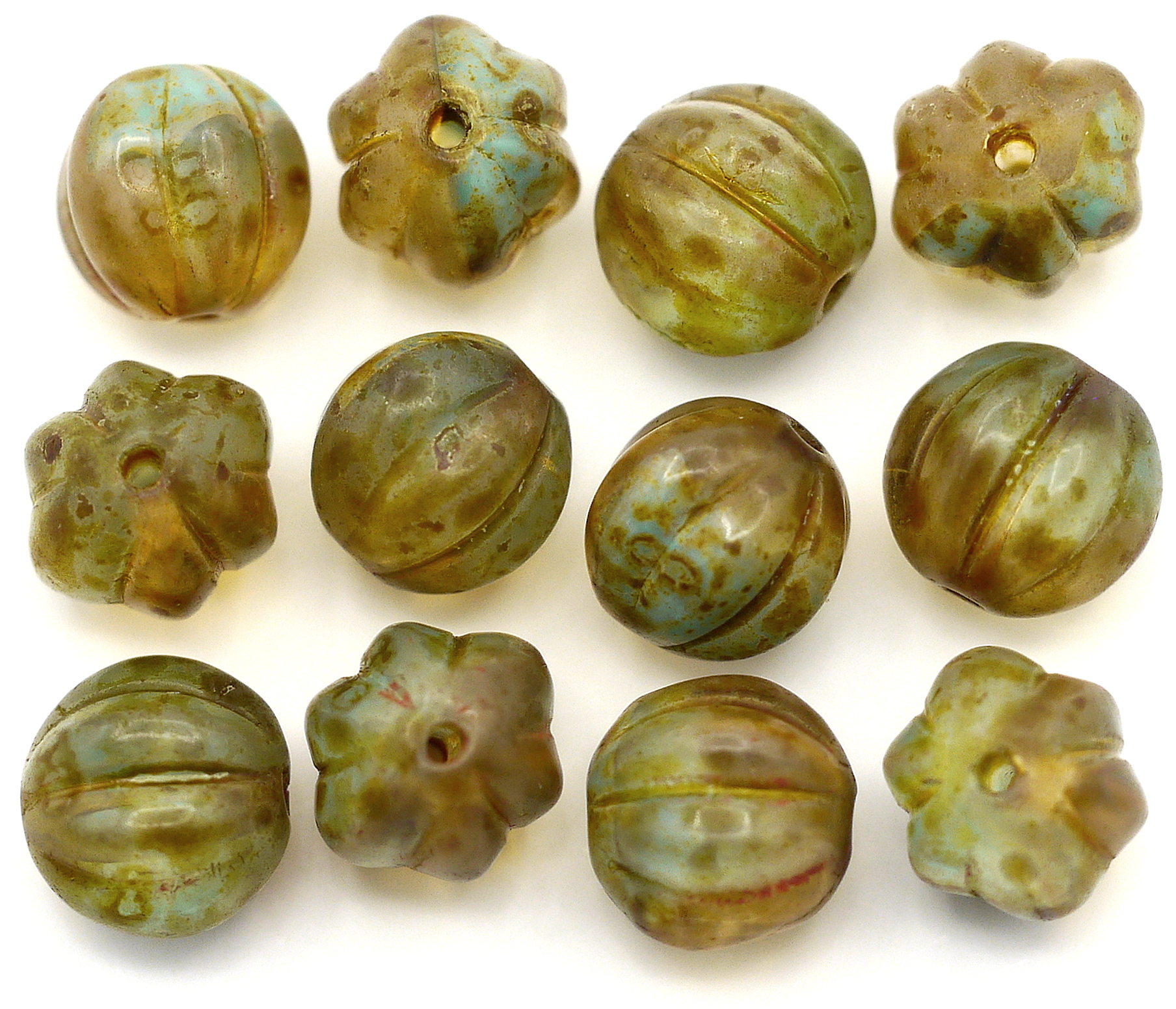 12pc 8mm Czech Pressed Glass Fluted Melon Beads, Crystal-Green