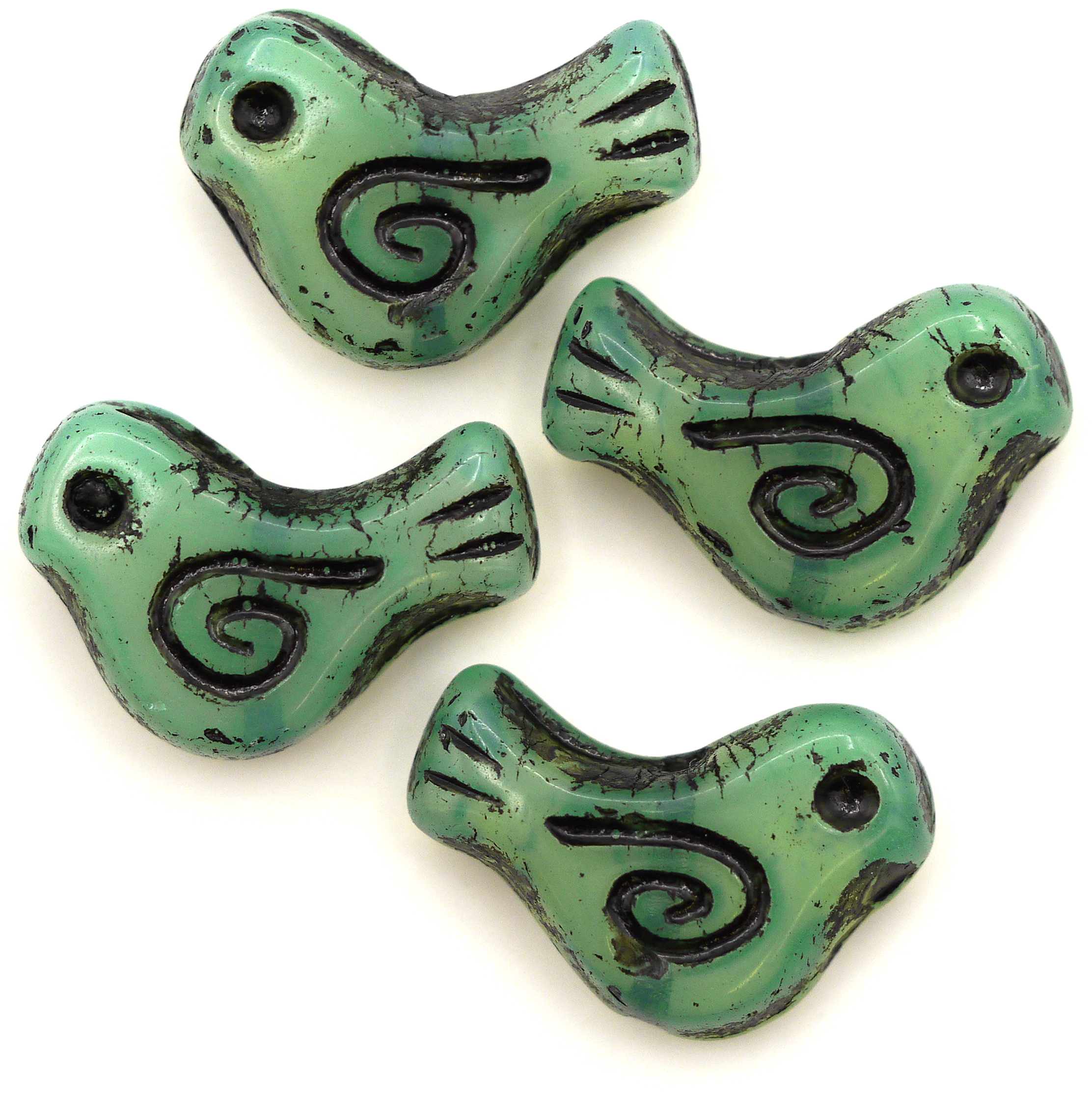 4pc 16x12mm Czech Pressed Glass Bird Beads, Sea Green Opal w/Jet