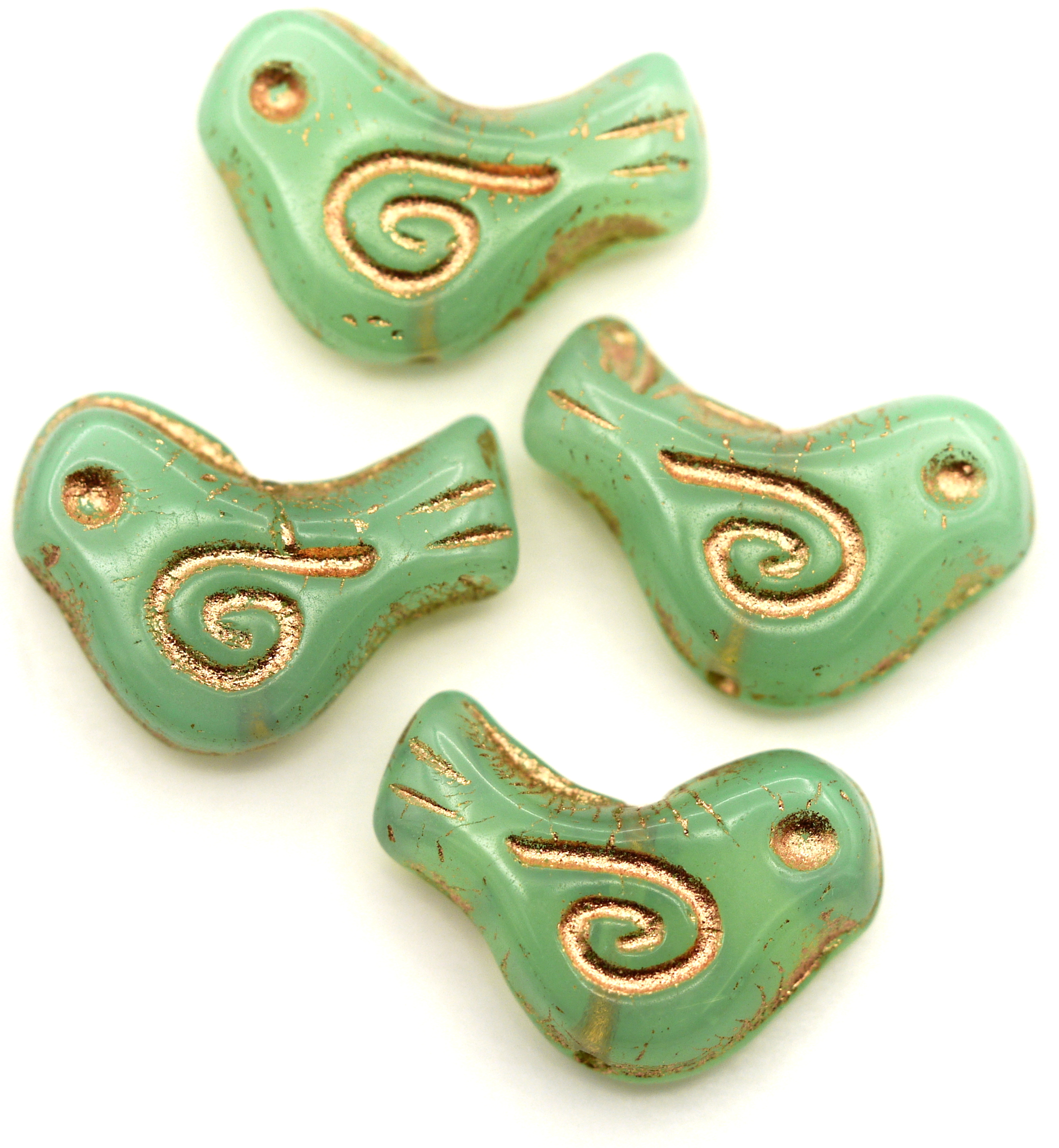 4pc 16x12mm Czech Pressed Glass Bird Beads, Sea Green Opal w/Rose