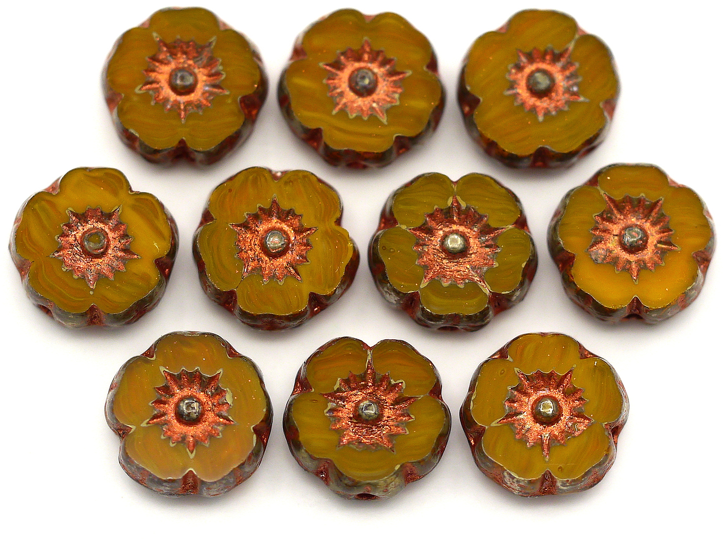 ✽Handmade✽Beads Flower✽麦の穂✽縁起物＆お守りとして✧*✽ 10pc 8mm Czech Table-Cut Glass Hawaiian Flower Beads, Burnt Orange