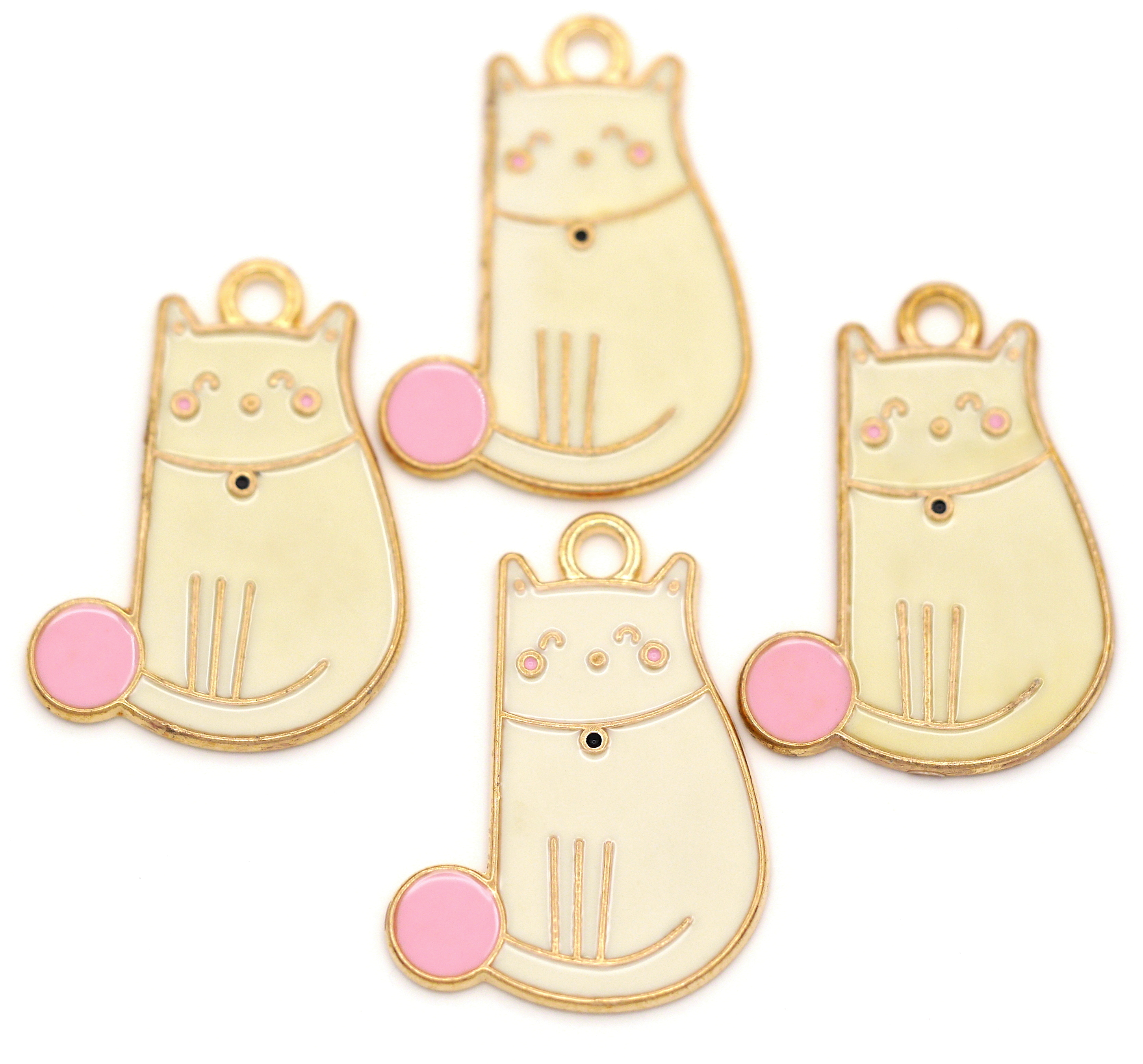 4pc 26.5x20mm Sitting Cat Charms, White/Pink/Gold - Bead Box Bargains
