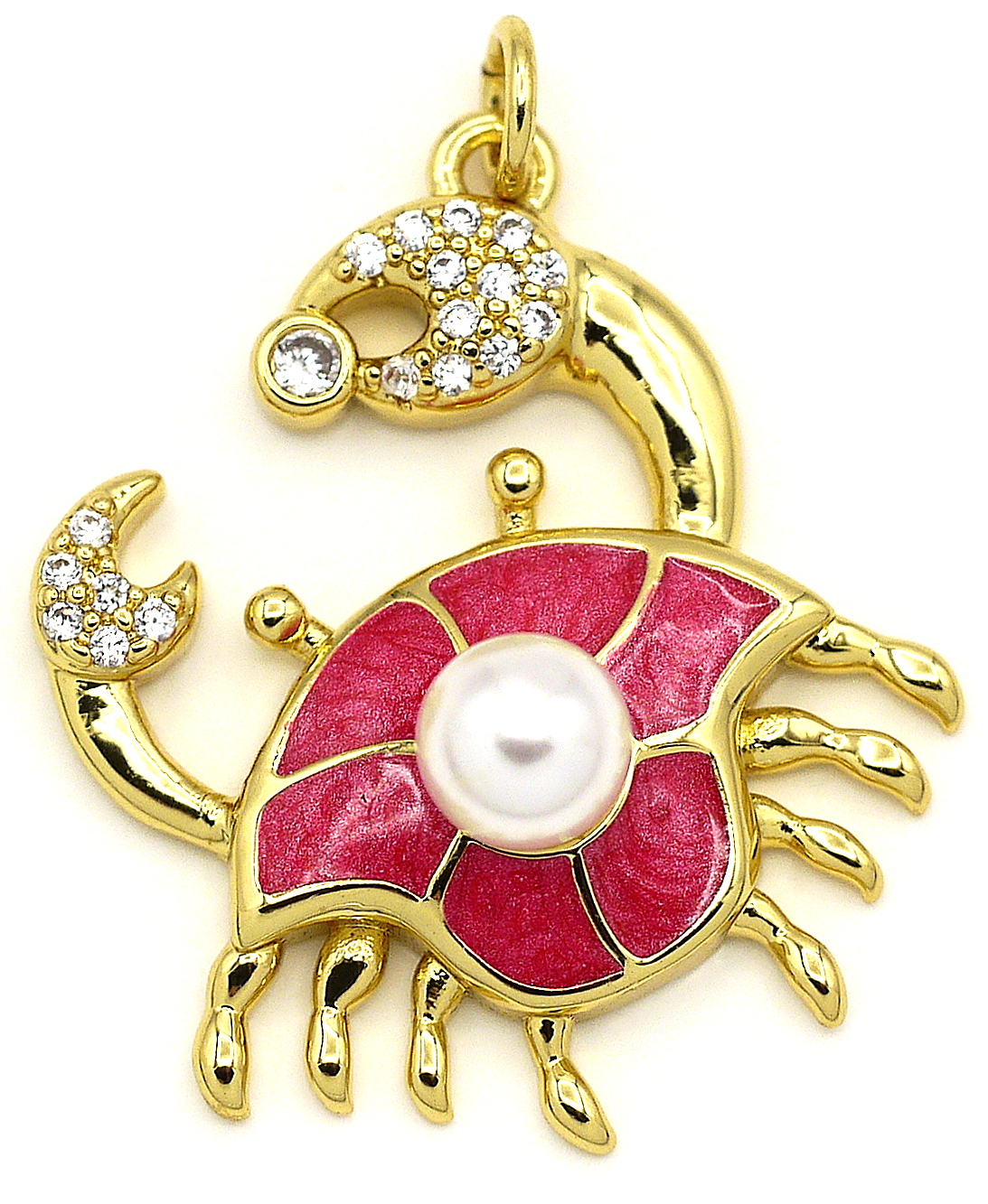 アクセサリー 18K 5.9 grams 18cm with charms 27x23.5mm Brass & Cubic Zirconia Crab Pendant w/Faux Pearl Accent
