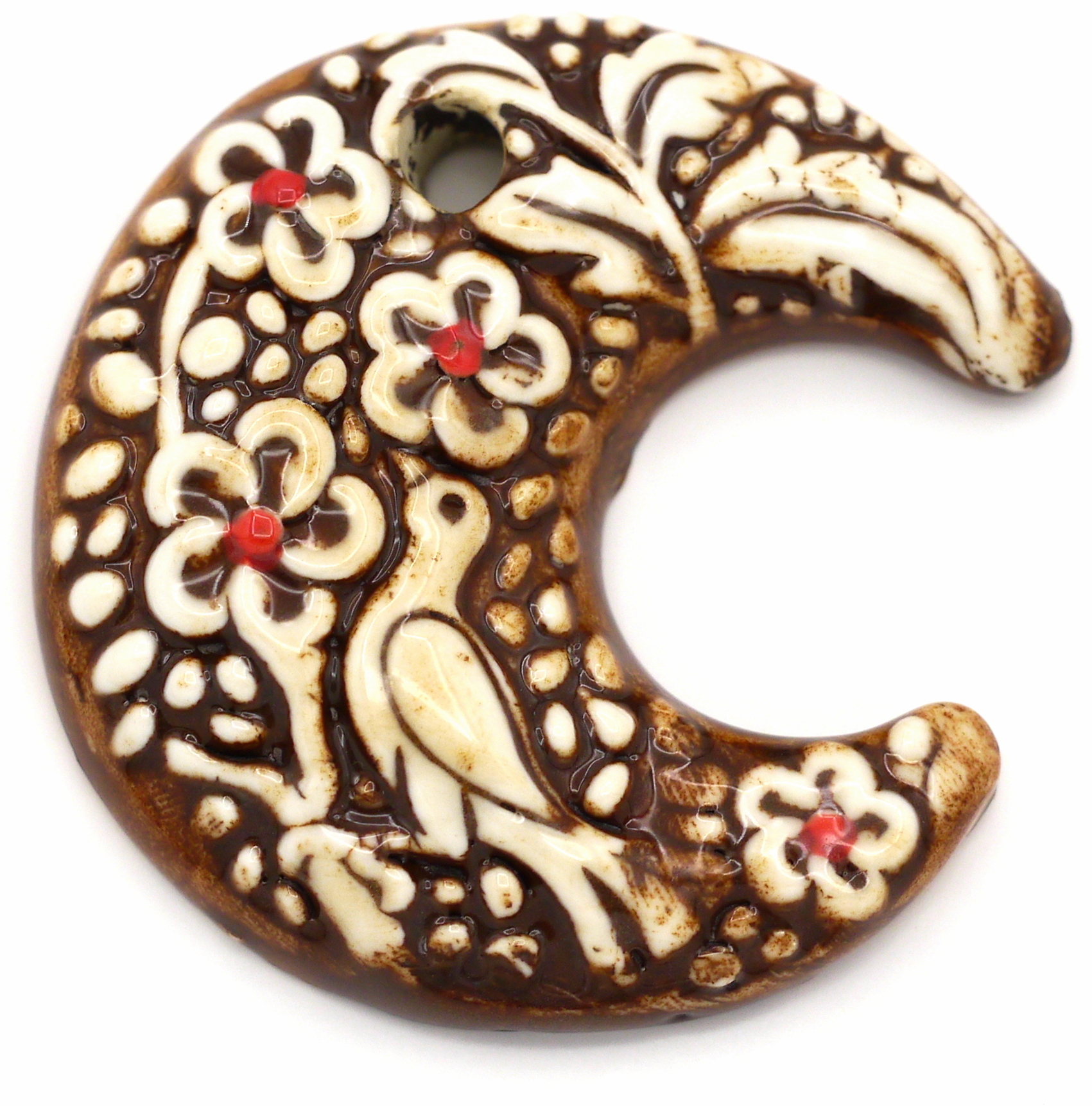 52x50mm Glazed Porcelain Crescent Moon w/Bird & Flowers Pendant
