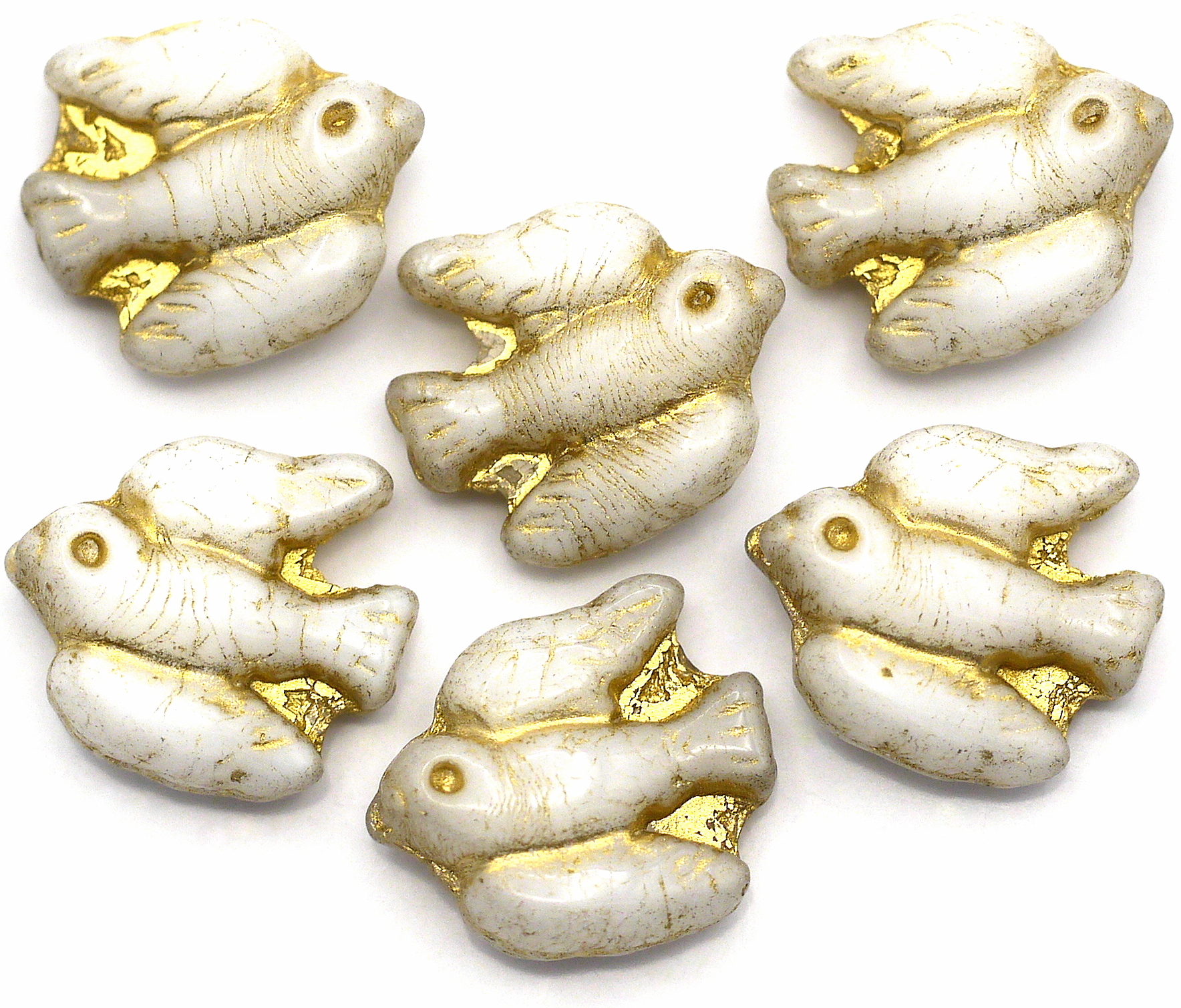 琥珀 ⑯⑰ 6pc 14x12mm Czech Pressed Glass Dove Beads, Alabaster w/Gold Wash