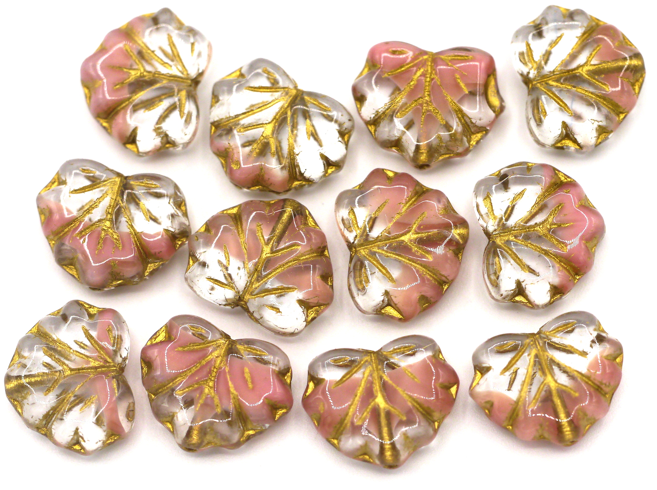 12pc 11x13mm Czech Pressed Glass Maple Leaf Beads, Crystal-Green Swirl/Gold  Wash