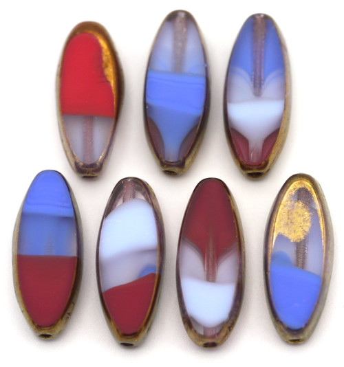 7pc 16x6mm Czech Table-Cut Glass Marquise Beads, Mixed Crystal/Blue/Red ...