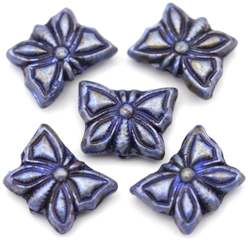 5pc 15x12mm Czech Pressed Glass Butterfly Beads, Alabaster/ Sage Blue