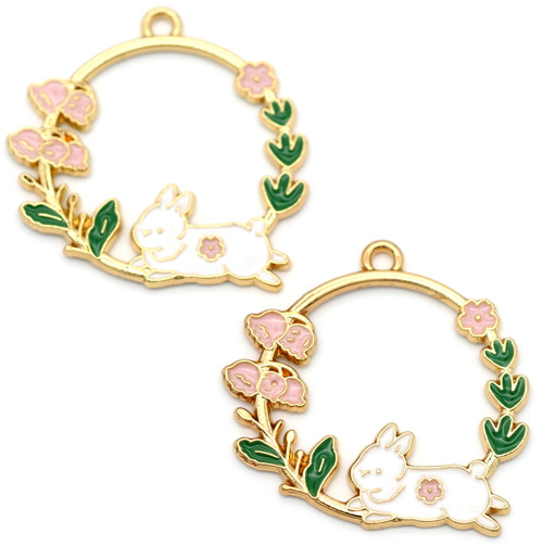 2pc 31x28mm Enameled Rabbit & Flower Round Pendants, Gold - Bead Box ...