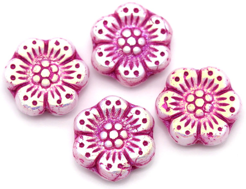 4pc 14mm Czech Pressed Glass Wild Rose Flower Beads, Alabaster/Vivid  Strawberry - Bead Box Bargains