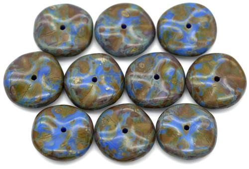 10pc 12mm Czech Pressed Glass Ripple Beads, Opaque Cornflower Blue Picasso