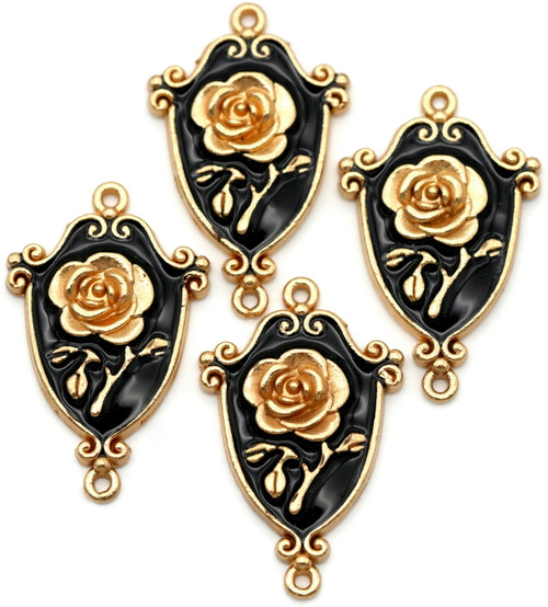 4pc 24x15.5mm Enameled Rose Shield Links, Rose Gold & Black