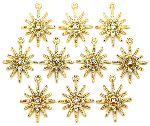 10pc 29x21mm Rhinestone Sunburst Charm, Gold - Bead Box Bargains