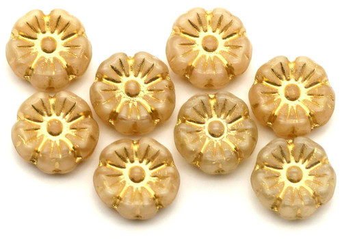 8pc 10mm Czech Pressed Glass Hawaiian Flower Beads, Almond Swirl w