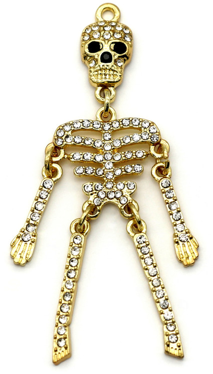 64x53mm Articulated Rhinestone Skeleton Pendant, Gold - Bead Box Bargains