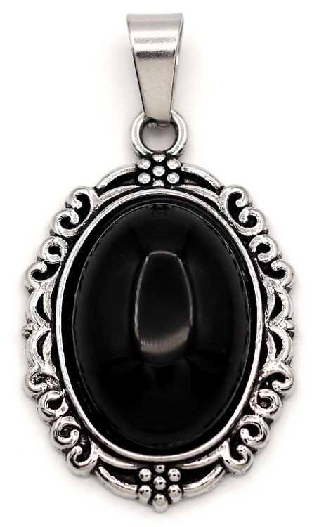 Ancient ブラックメタル　BLACKL 29x20mm Black Obsidian Oval Pendant w/Filigree Frame, Antique