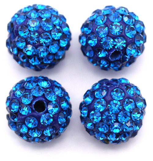 4pc 10mm Rhinestone Round Beads, Capri Blue - Bead Box Bargains