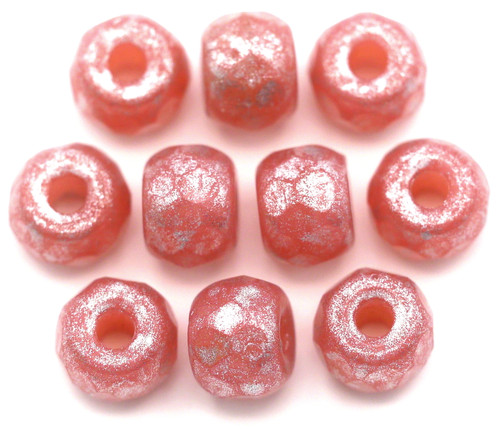 10pc 6x8mm Czech Pressed Glass Pony Beads, Rosaline Opal w/Silver