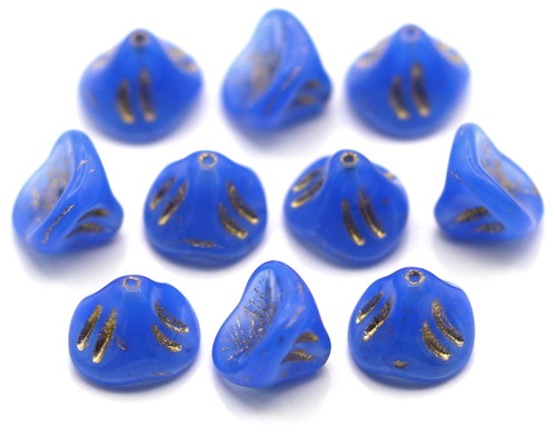 10pc Czech Pressed Glass 10x8mm Daylily Flower Beads, Blue Opal w