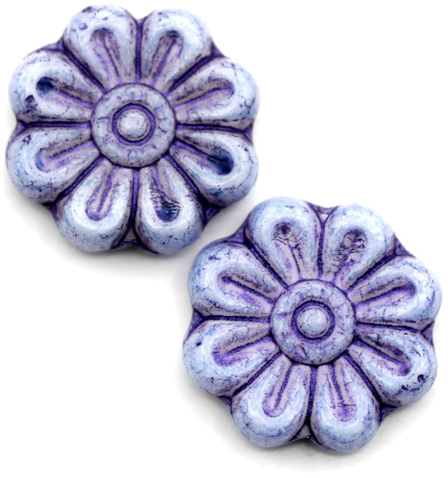 2pc 18mm Czech Pressed Glass Daisy Beads, Alabaster w/Violet Wash