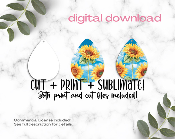 Sunflowers Sublimation Earrings Print and Cut Design Template