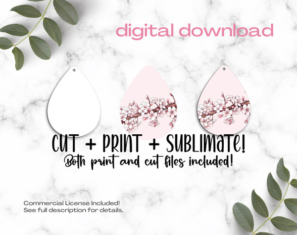 Pink Cherry Blossom Sublimation Earrings Print and Cut Design Template