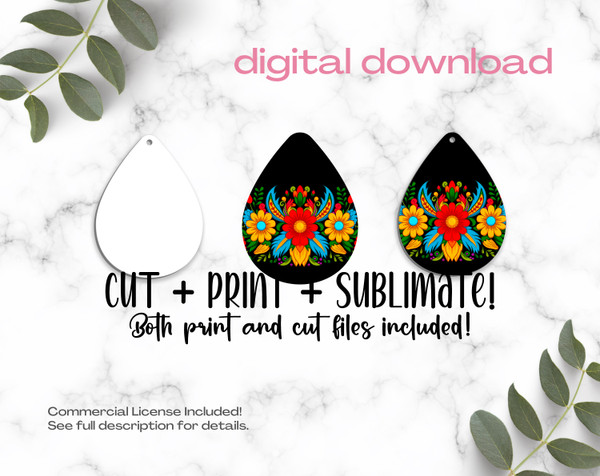 Colorful Mexican Floral Sublimation Earrings Print and Cut Design Template