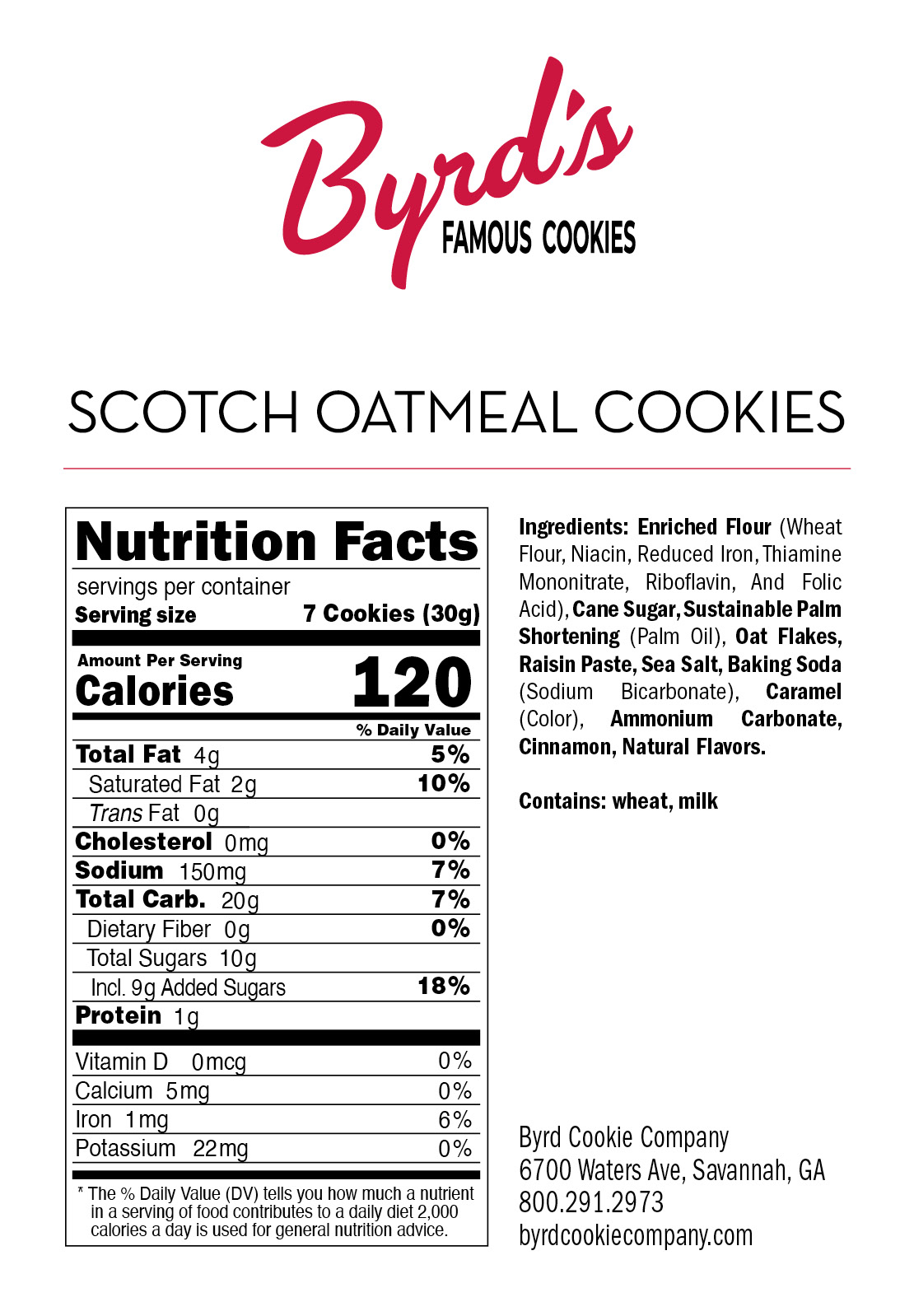 Scotch Oatmeal Cookies nutritional panel 