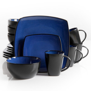 Gibson Soho Lounge 16 Piece Square Stoneware Dinnerware Set in Blue and Black D970-68632.16
