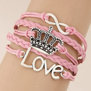 Crown Love and Infinite Symbol Pendants Multi-layer Weaving Fashion Bracelet - Pink A392-fabr1320
