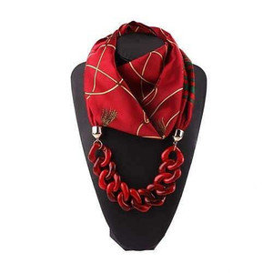 Acrylic Chain High Fashion Image Printing Satin Women Scarf Necklace - Red A392-fasn0379