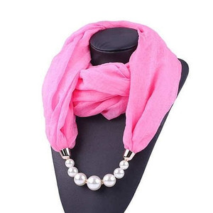 Pearl Embellished Solid Color Chiffon Women Scarf Necklace - Pink A392-fasn0406
