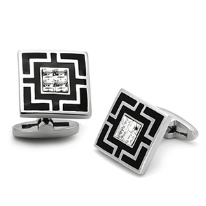 TK1267 - High polished (no plating) Stainless Steel Cufflink with Top Grade Crystal  in Clear A874-TK1267