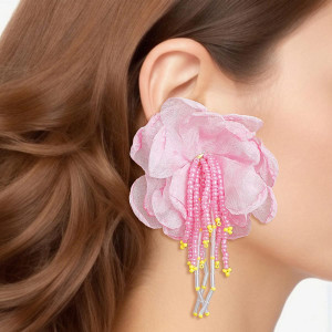 Drop Pink Fabric Flower Bead Earrings for Women T226-9485379273023