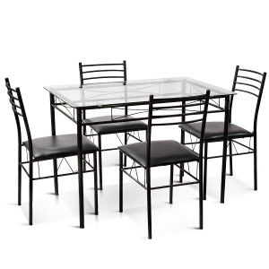 5 Pieces Dining Set with Tempered Glass Top Table and 4 Upholstered Chairs - Color: Black D681-HW61400 5 Pieces Dining Set with Tempered Glass Top Table and 4 Upholstered Chairs - Color: Black D681-HW61400