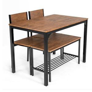 4 Pieces Rustic Dining Table Set with 2 Chairs and Bench-Brown - Color: Brown D681-JV10180BN 4 Pieces Rustic Dining Table Set with 2 Chairs and Bench-Brown - Color: Brown D681-JV10180BN